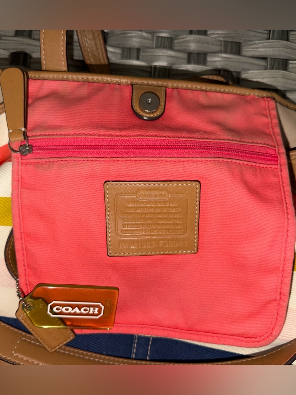 Coach Striped Canvas Tote in Coral, Mustard, Navy & Pink with Tan Leather F30041 - Picture 2 of 16
